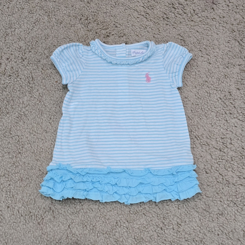 Baby Polo Ralph Lauren Pink Coverall Romper & Blue Ruffle Dress Size 3 Month - Picture 3 of 5